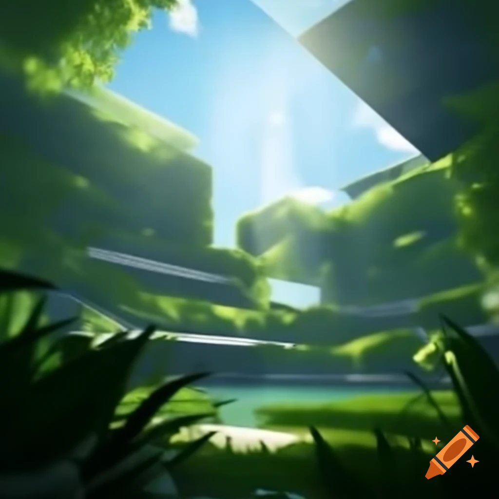 Digital render of a university with sunlight, green foliage, and water