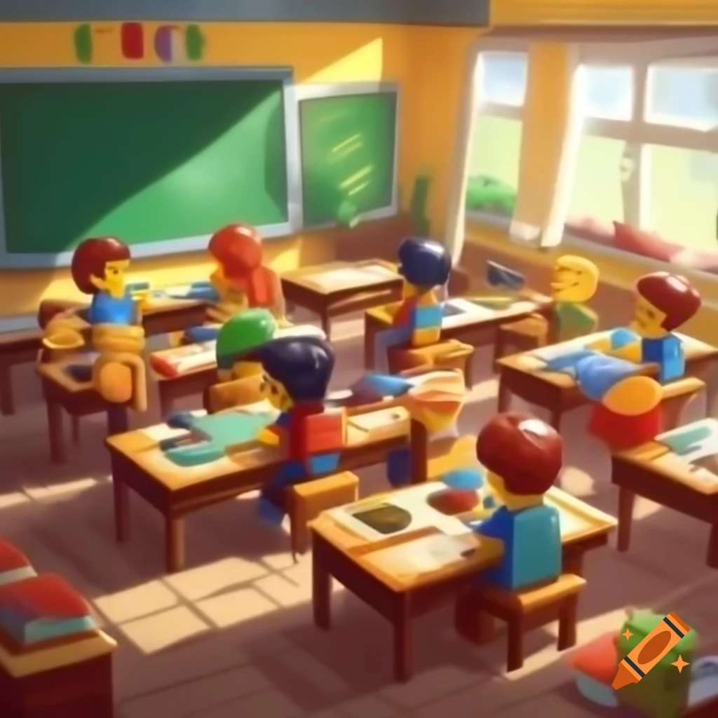 Colorful LEGO classroom with attentive minifigure students and a teacher