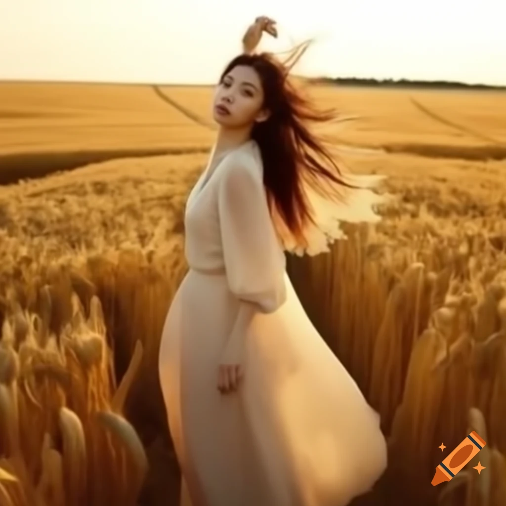 K-pop idol in bohemian dress walking through wheat fields at sunset
