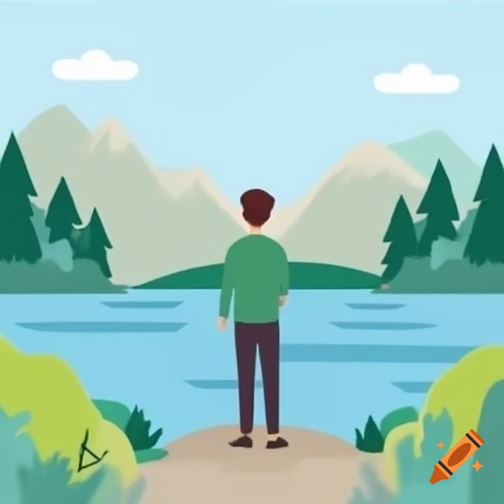 Man standing on dock facing lake, simple vector style
