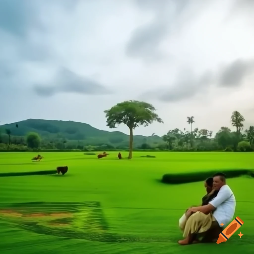 Lush farmland in Kerala with cows grazing and large tree under cloudy sky