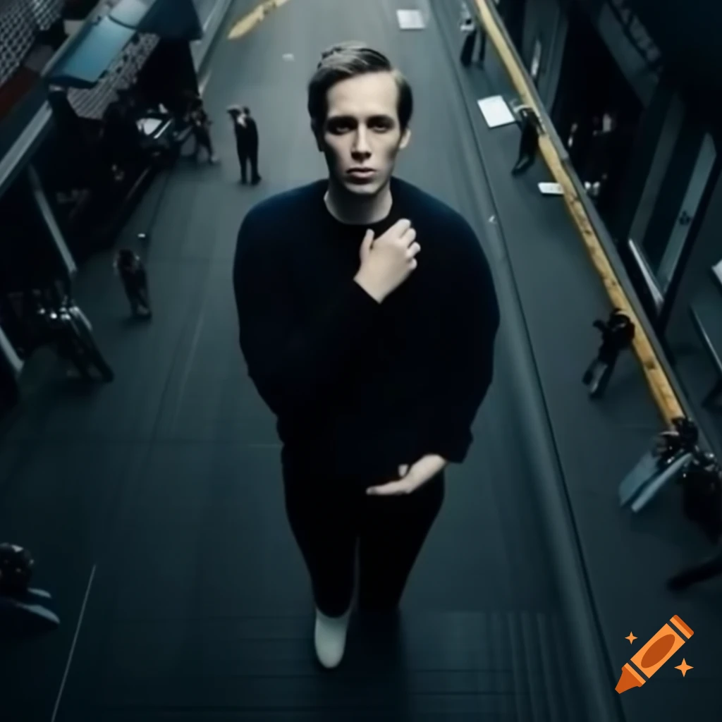 Cinematic overhead shot of person in dark sweater on urban sidewalk with motion-blurred crowd