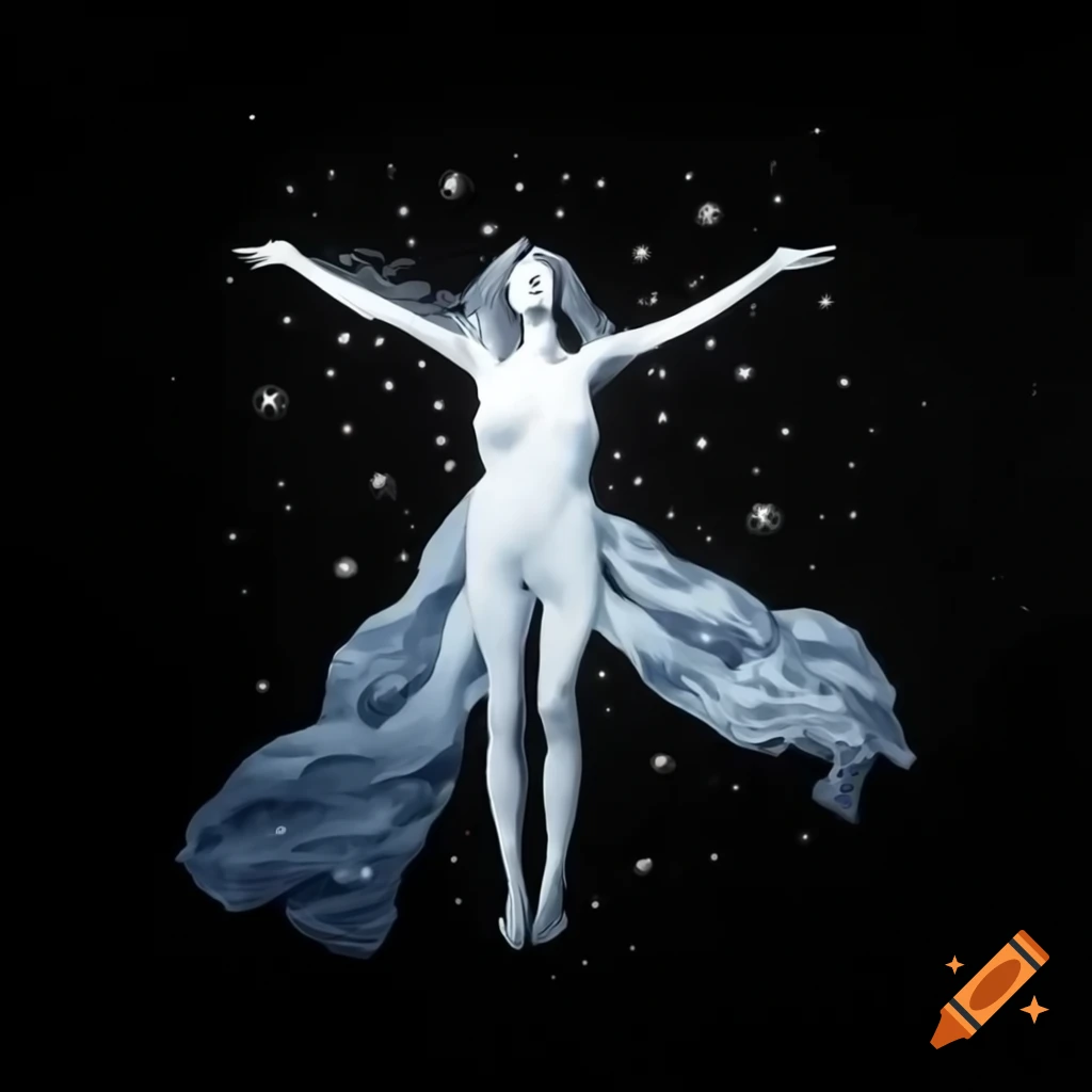 Silhouette of woman with floating silk fabric and stars, black ink sketch style