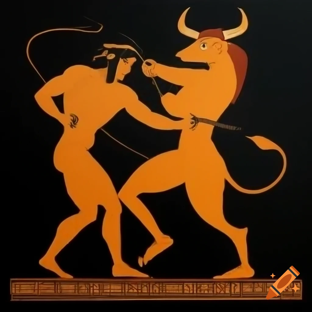 Ancient Greek style painting of Theseus fighting the minotaur on black canvas
