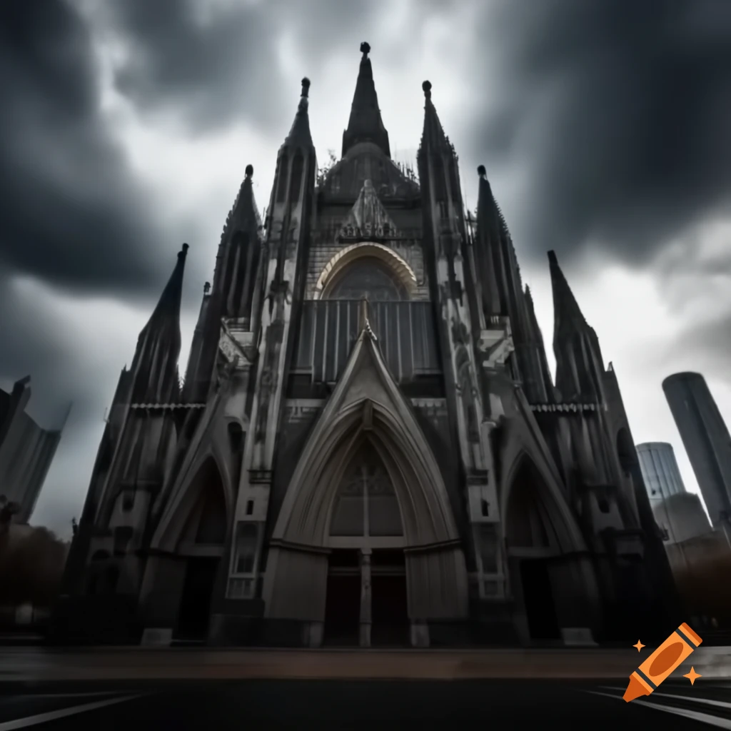 Gothic church with intricate spires against dark cloudy skyline