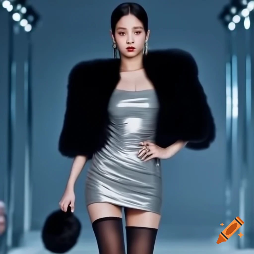 Jisoo from BLACKPINK on high fashion runway in metallic mini dress and black fur bolero
