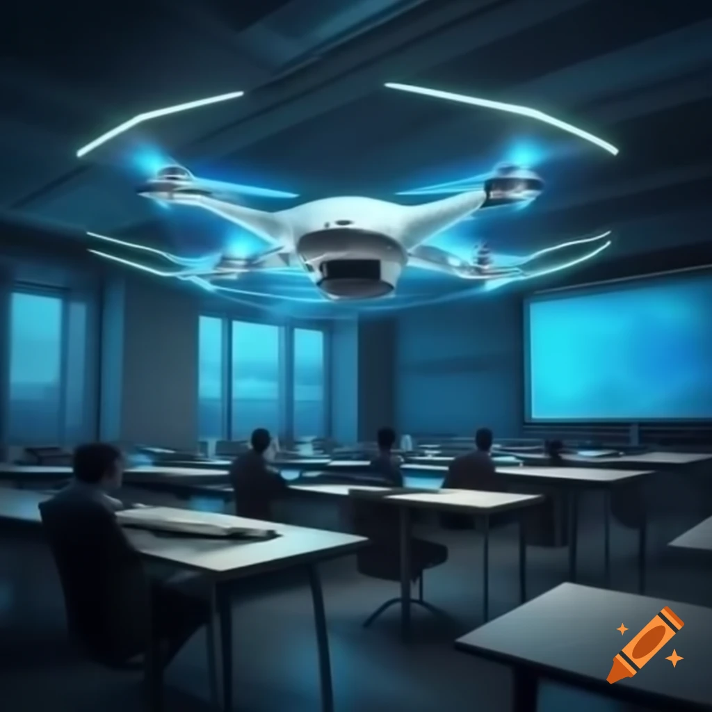 Futuristic classroom in 2050 featuring holograms and drones