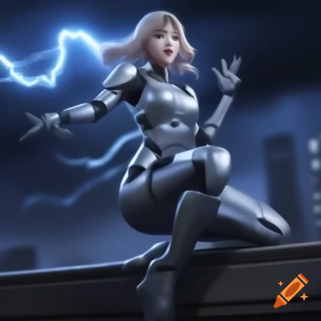 Hyper-realistic K-pop idol in futuristic armor on rooftop during storm with lightning