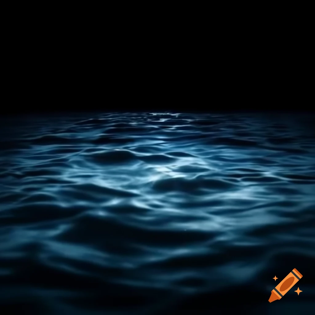 Still ocean surface at night illuminated by spotlight