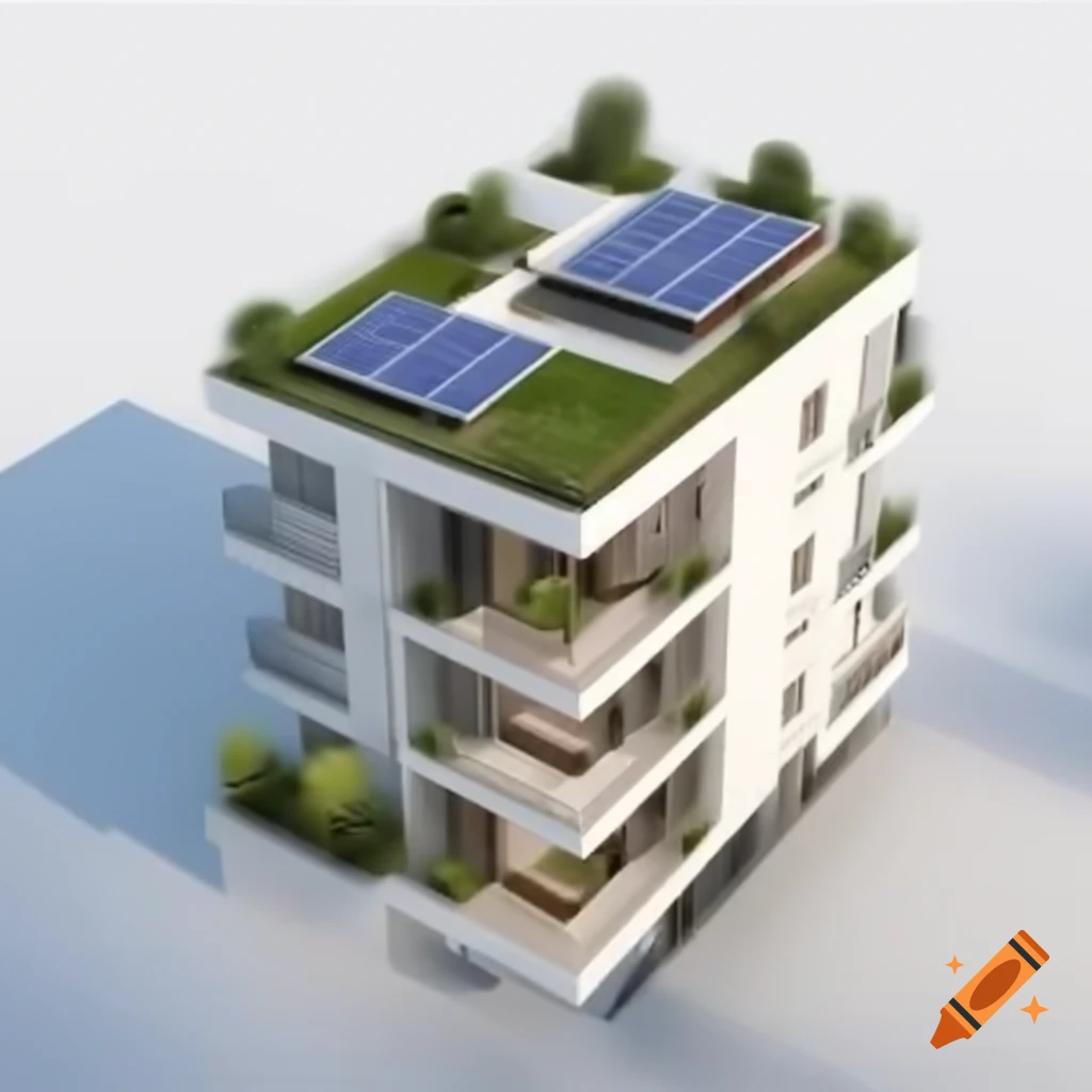 Modern high-rise apartment building with solar panels and green ...