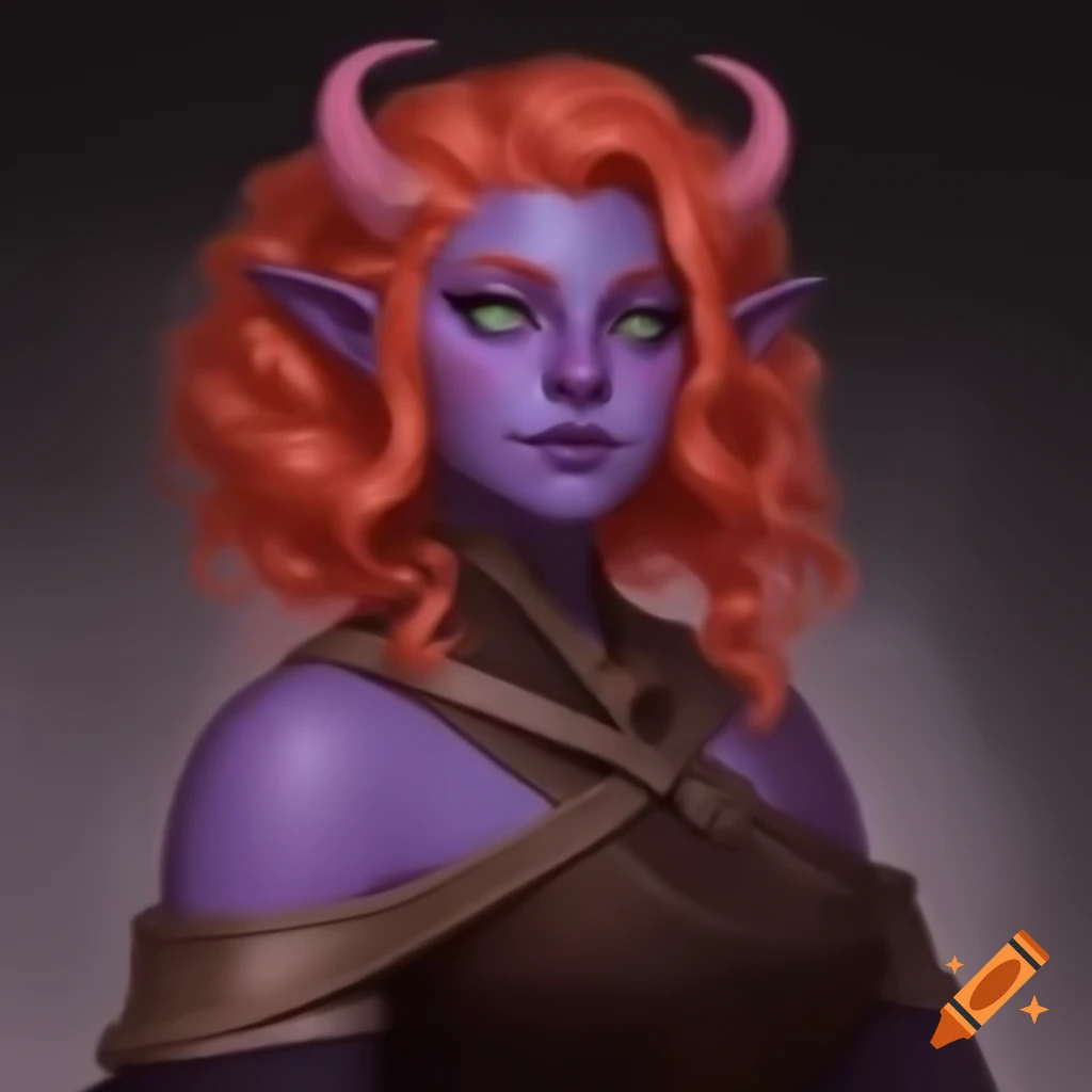 Fantasy Tiefling girl with horns and purple skin in D&D setting