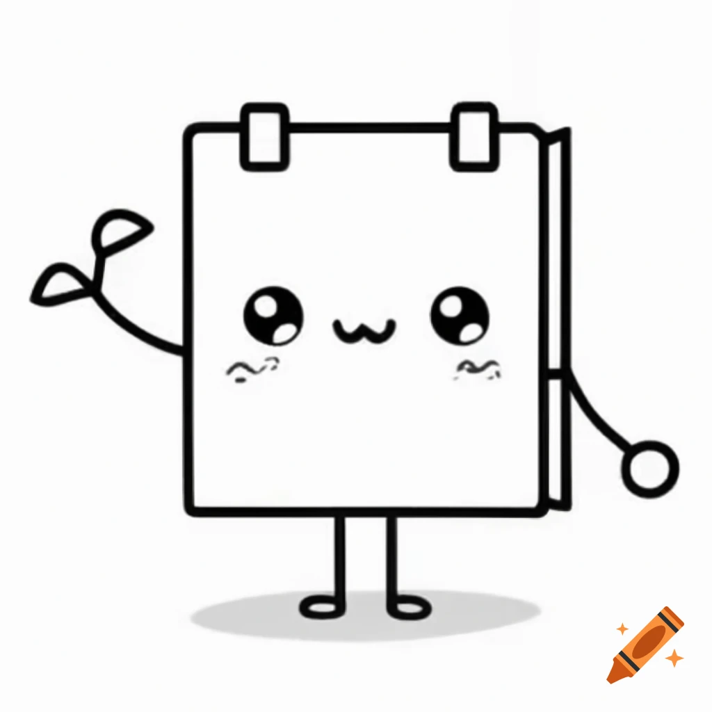Cute kawaii style notebook character with friendly face in black-and-white line drawing