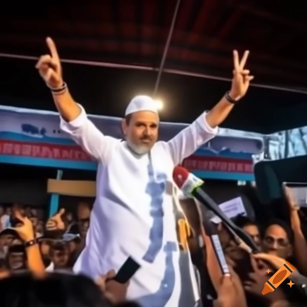 Middle-aged man speaking on stage with hand fan in packed crowd
