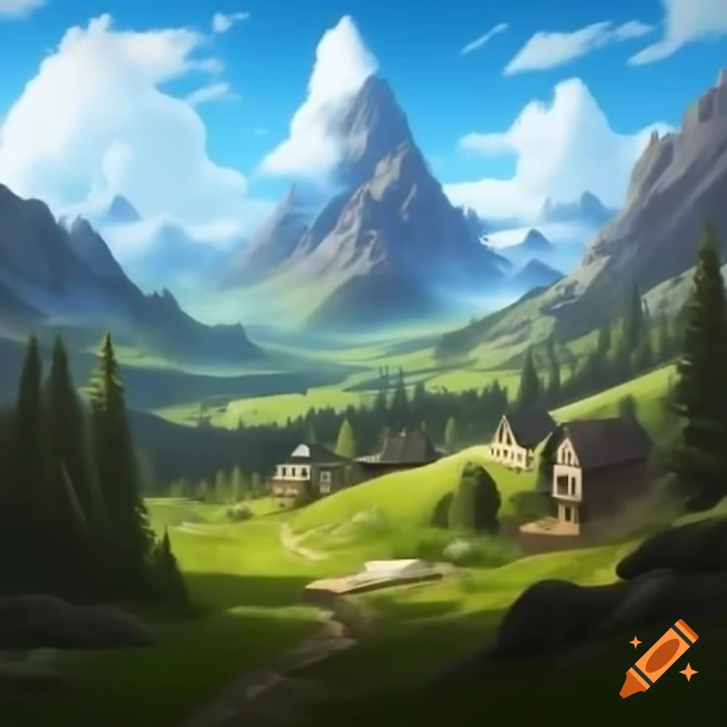 Realistic image of a field with mountains