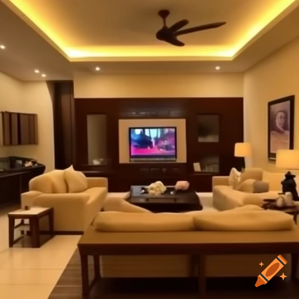 Indian living room interior featuring two sofas, down lights, TV unit, and coffee table