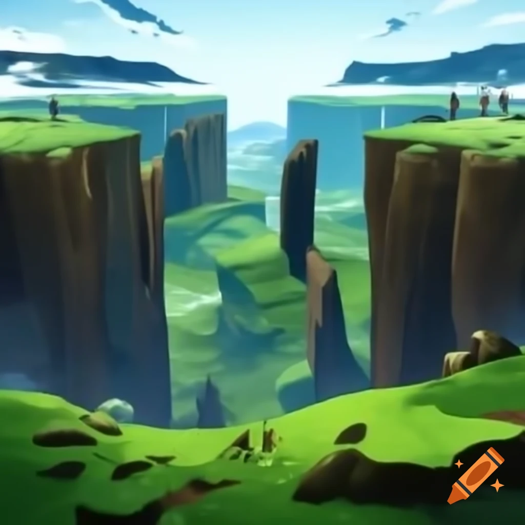 Man and woman standing on top of green mountains separated by canyon