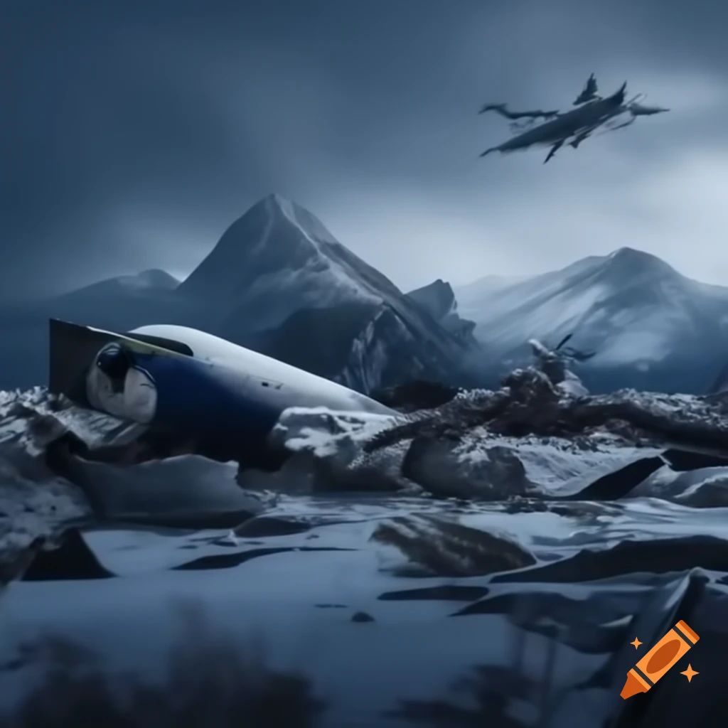 Airplane crash on snow-covered mountain with survivors around wreckage