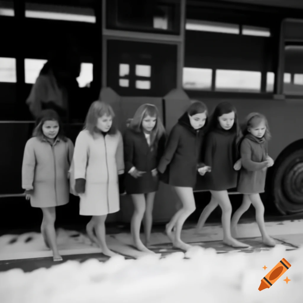 Girls barefoot in snow at bus stop