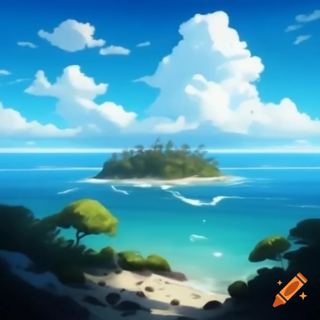 Realistic beach view of ocean with small island and blue sky on Craiyon