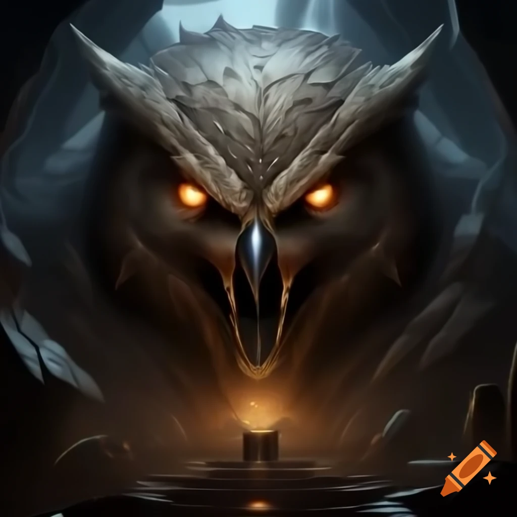 Owlbear head with glowing eyes as dungeon entrance