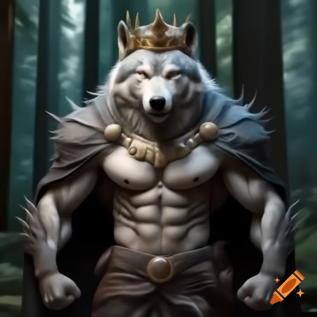 Super muscular wolf in forest wearing cape and crown