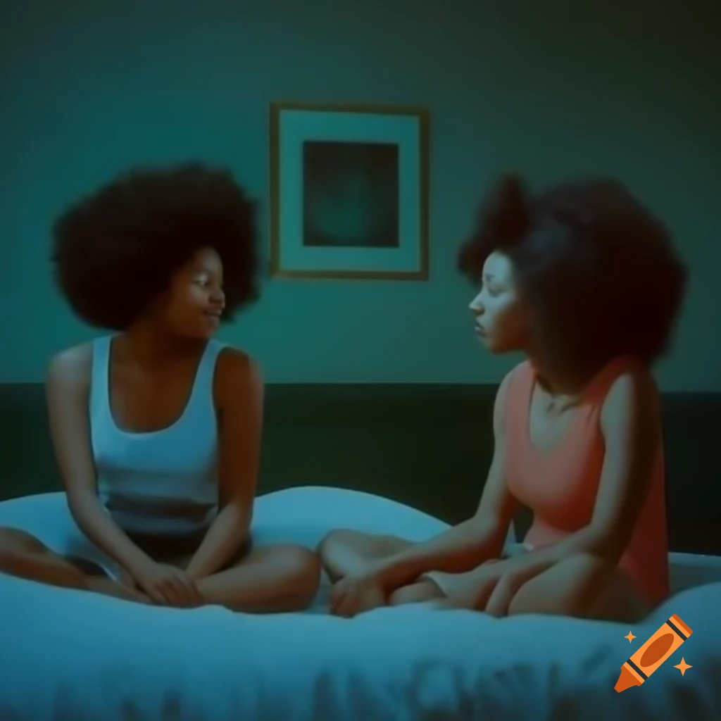 Two women conversing while sitting on a bed