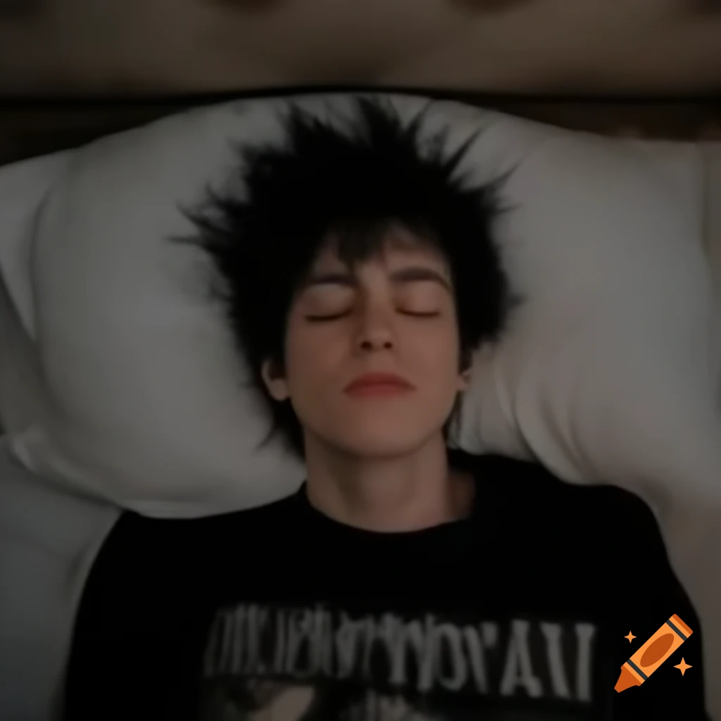 Emo guy in bed asleep, early 2000s style selfie