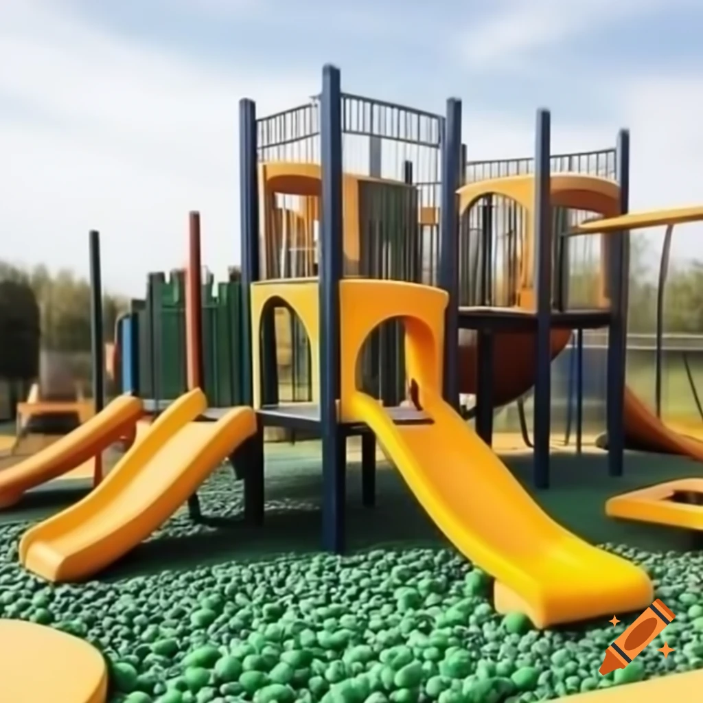 Playground featuring slides, trampolines, ball pit, climbing frame, and monkey bars