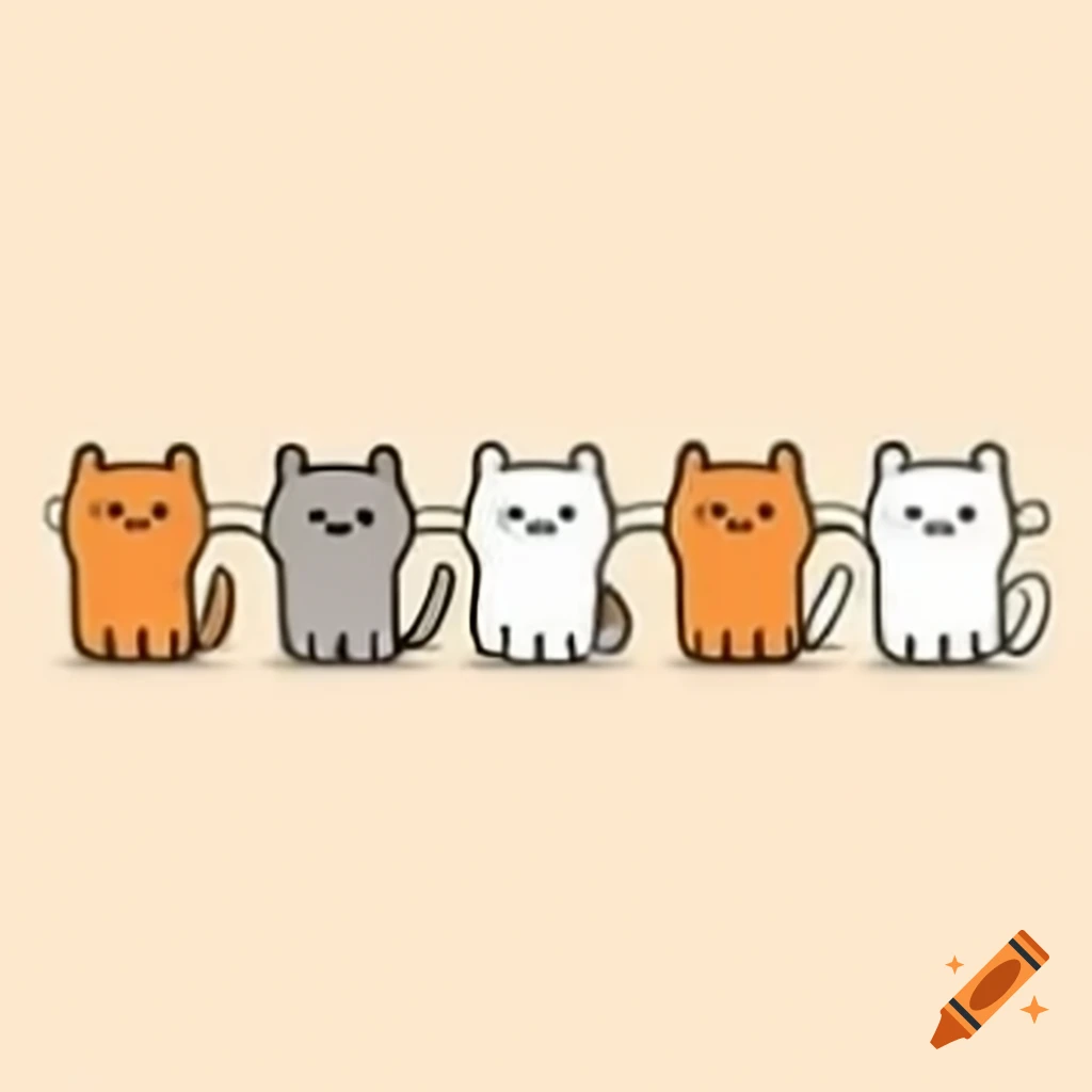 Five cartoon cats in a horizontal line, simple illustration