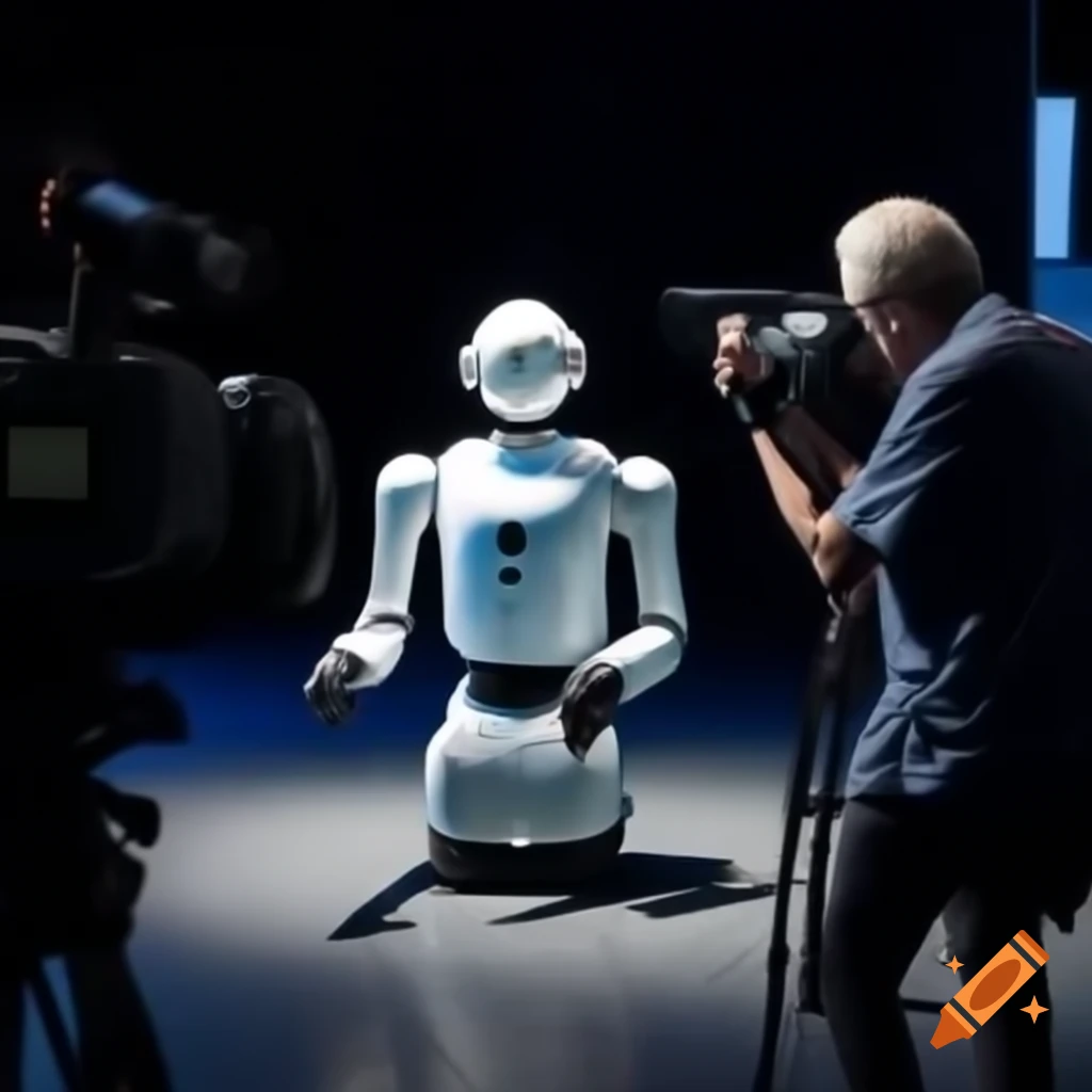 Engineer presenting AI robots on stage with flashing cameras