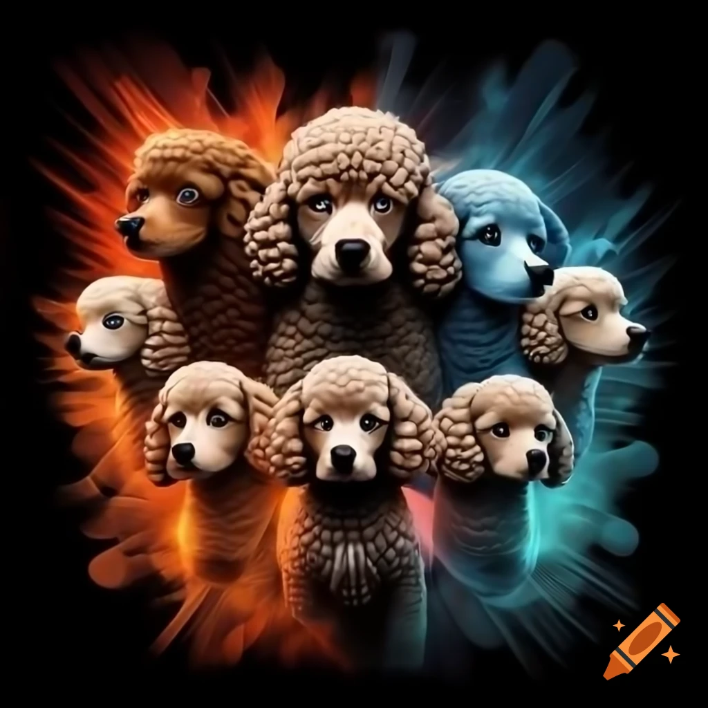 Vibrant graphic T-shirt design featuring four stylized poodle dog breeds
