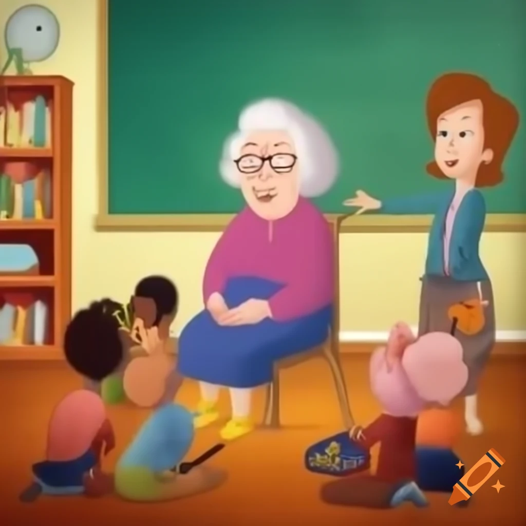 Cartoon of an old woman, mother of principal, sitting with teacher in classroom while kids watch
