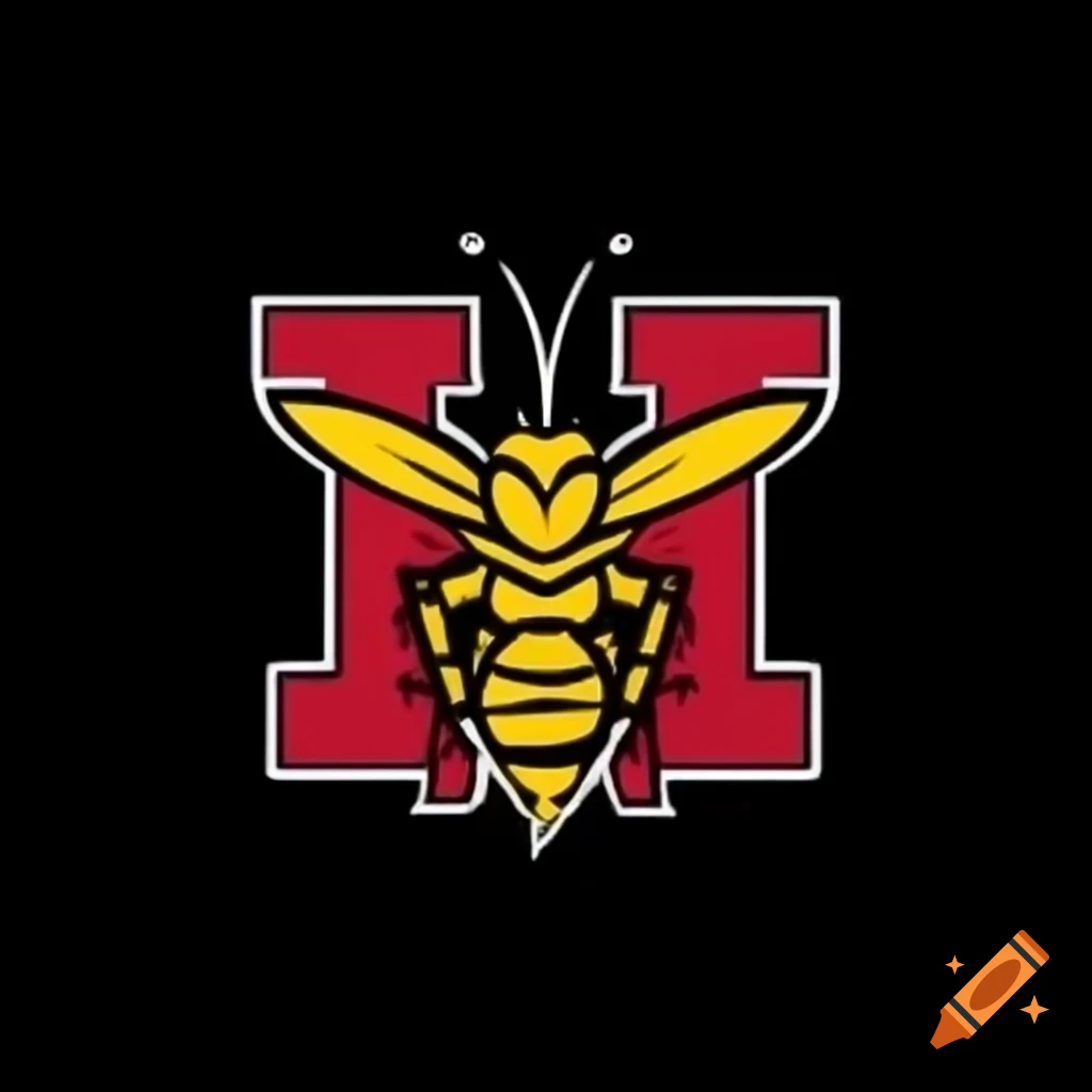 Detailed logo of a golden hornet with red outline, college sports team mascot