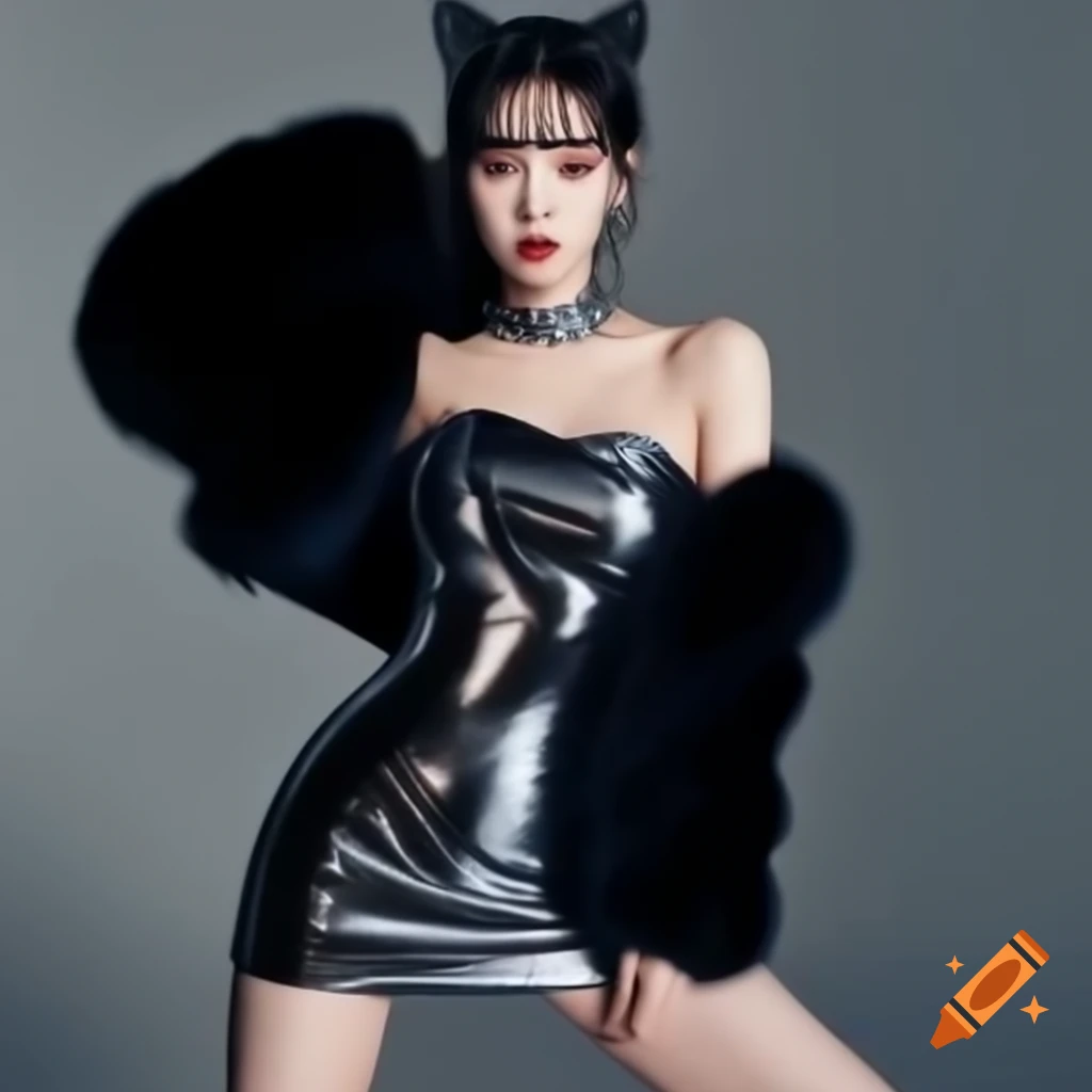 SinB from GFRIEND in futuristic silver mini dress with black faux fur, bold pose and dramatic makeup