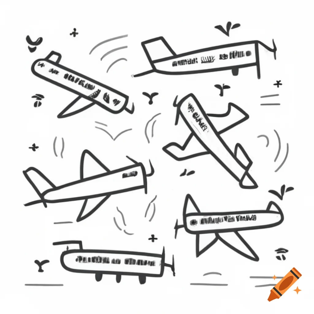 Five cartoon airplanes in linear style with playful designs on white background