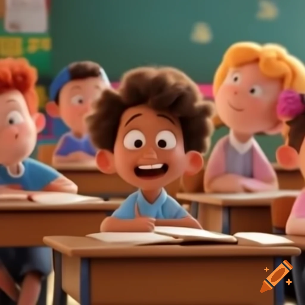 Cartoon of children in classroom looking surprised and happy
