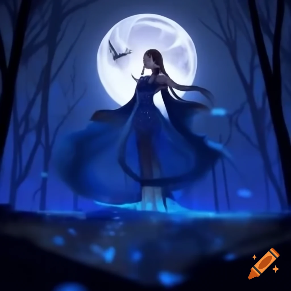 Hyperrealistic K-pop idol in translucent dress under glowing full moon in foggy forest