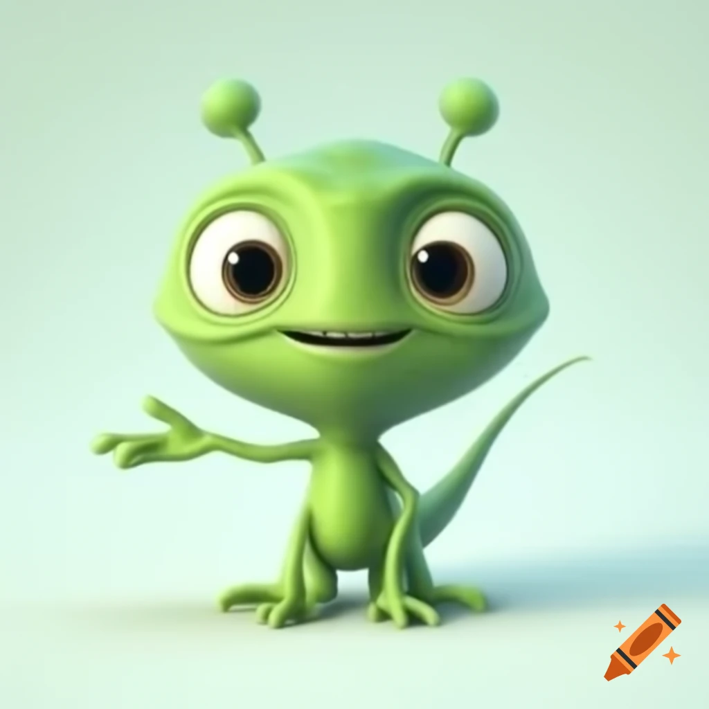Cartoon friendly alien with green body and three eyes waving on Craiyon