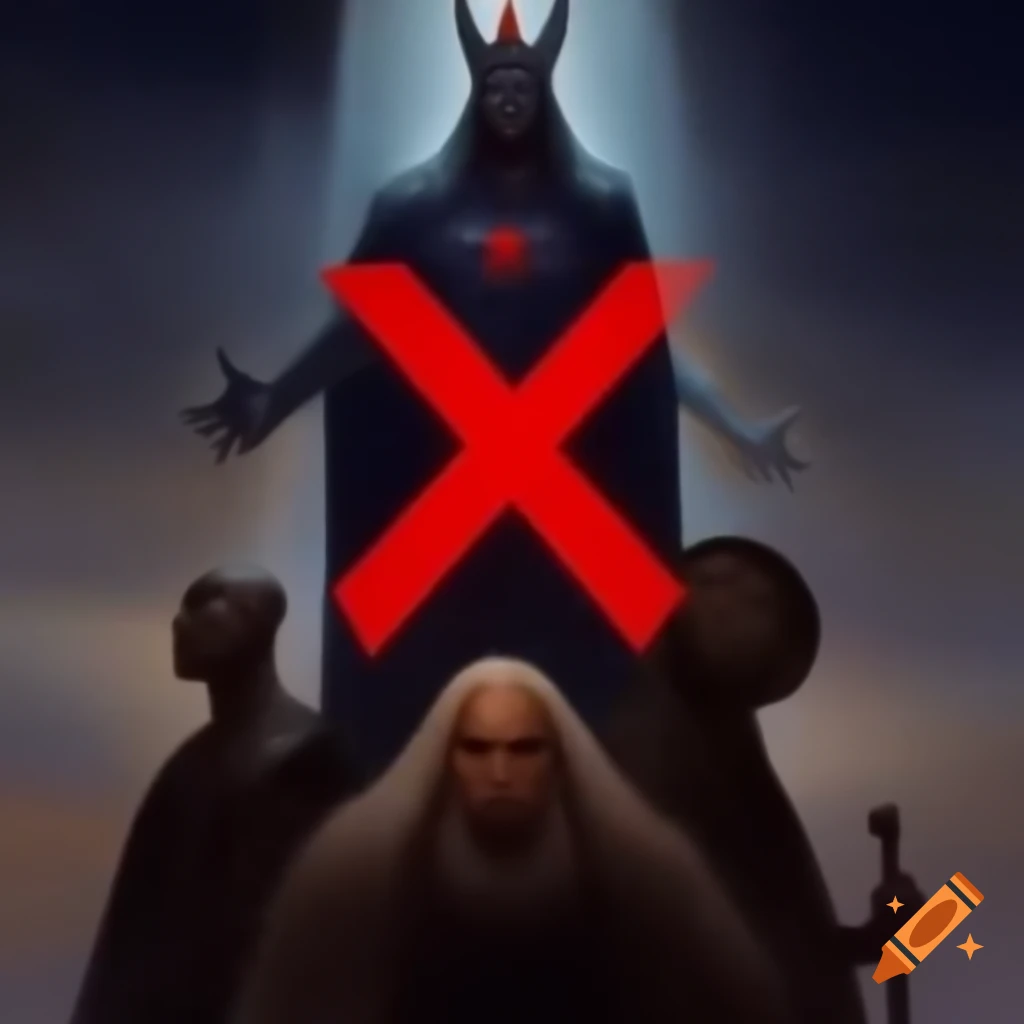 Text in Arabic with figures resembling a king and two gods marked by red Xs