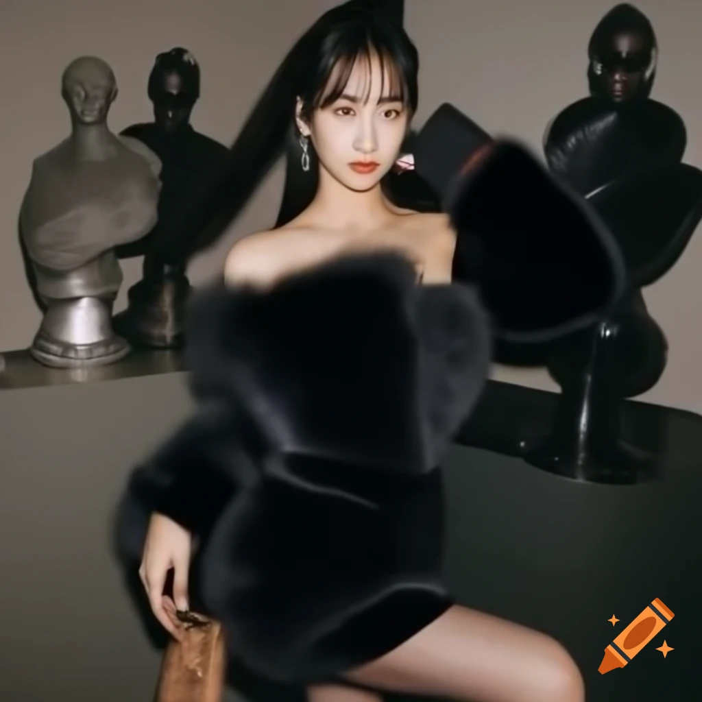 Sowon from GFRIEND in elegant graphite mini dress with faux fur collar and studded clutch