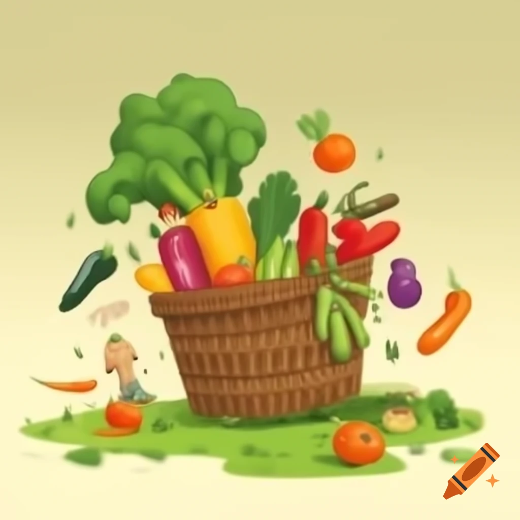 Cartoon illustration of basket of vegetables falling with people walking by