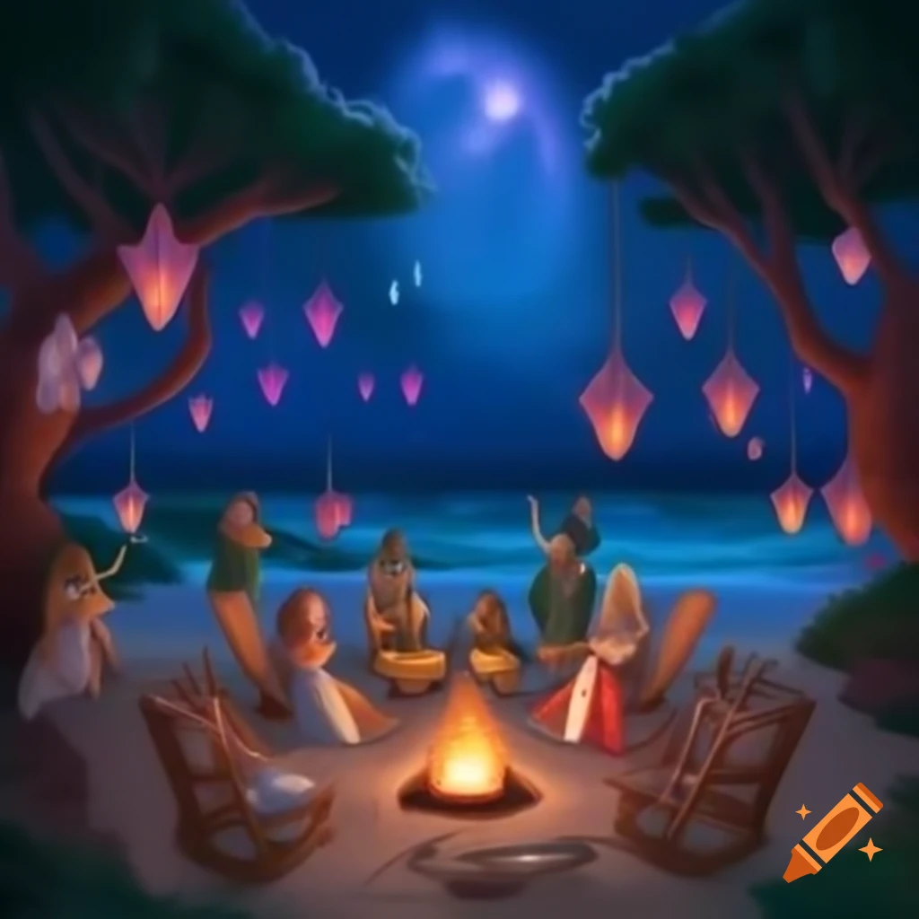 Magical beach party under starry sky with enchanted atmosphere and fantastical outfits