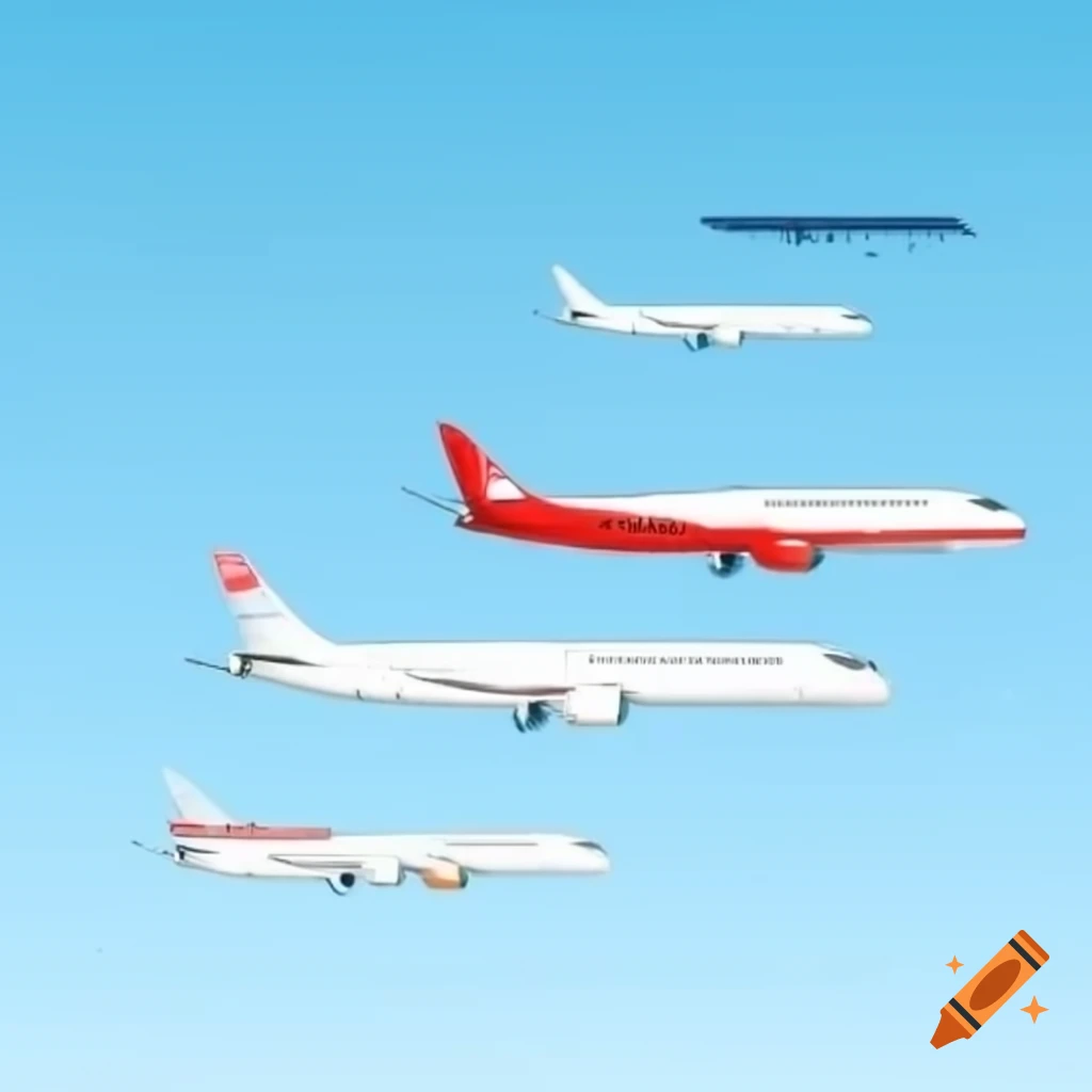 Five airplanes in a straight line against a clear sky background