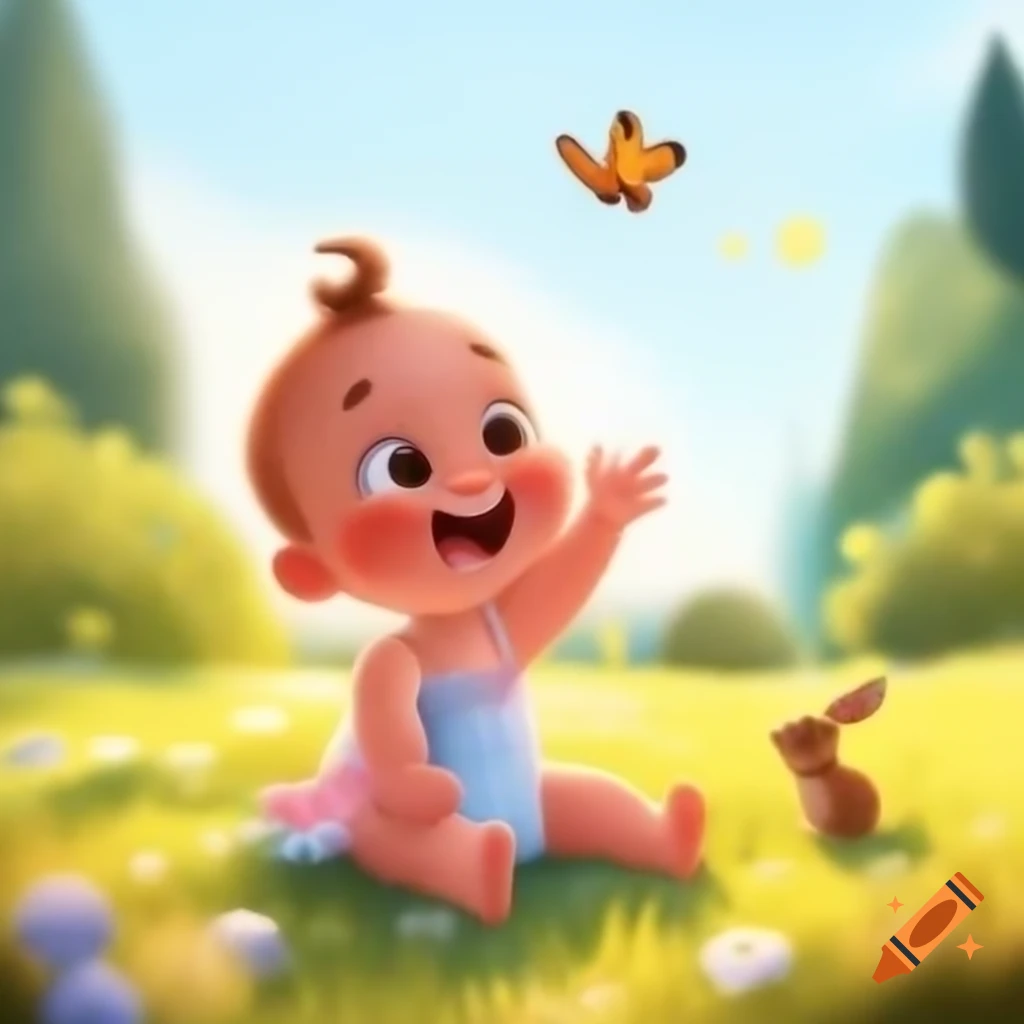 Baby in pastel onesie reaching for butterfly in sunny meadow with rabbit