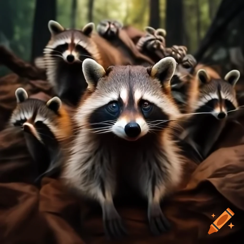 Anthropomorphic raccoon in chaotic forest scene