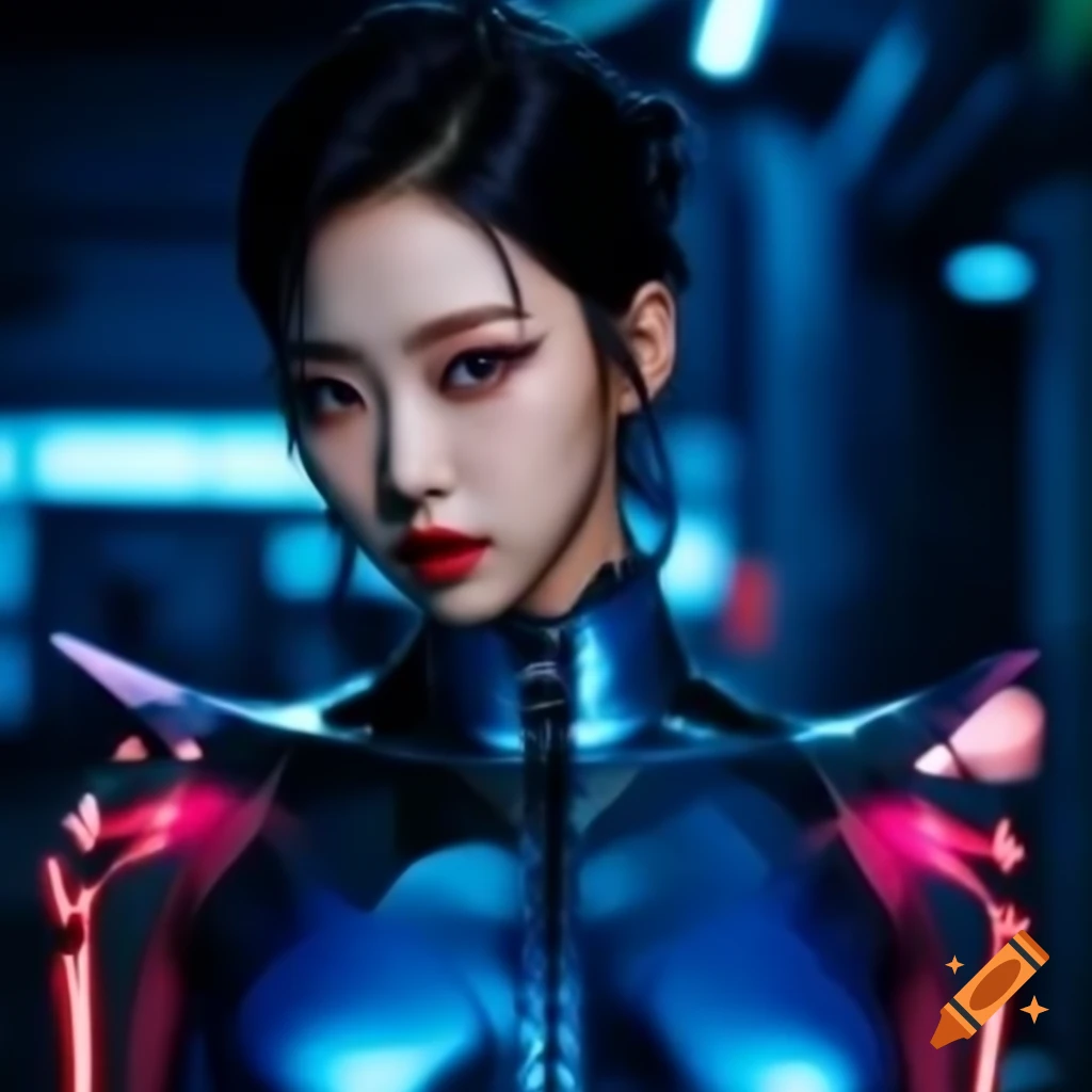 Jihyo from TWICE in cyberpunk setting with chrome bodysuit and glowing hair