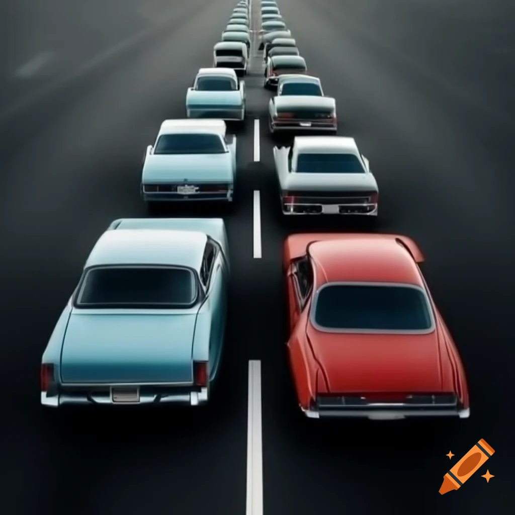 Side view of several cars lined up in a row, realistic style