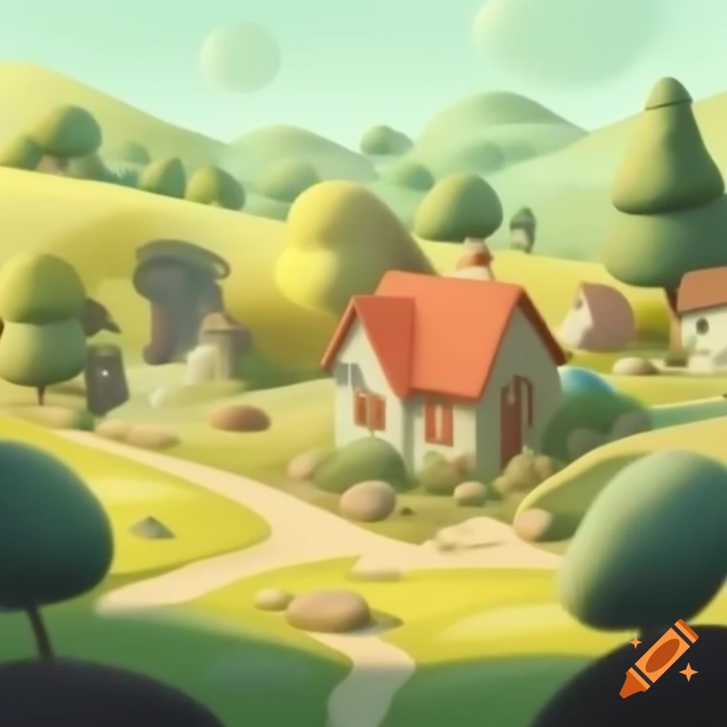 Cartoon-style small village with houses and trees in peaceful morning