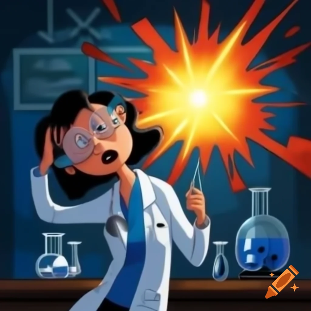 Comic panel featuring scientist woman in lab with surprised expression during meteor explosion