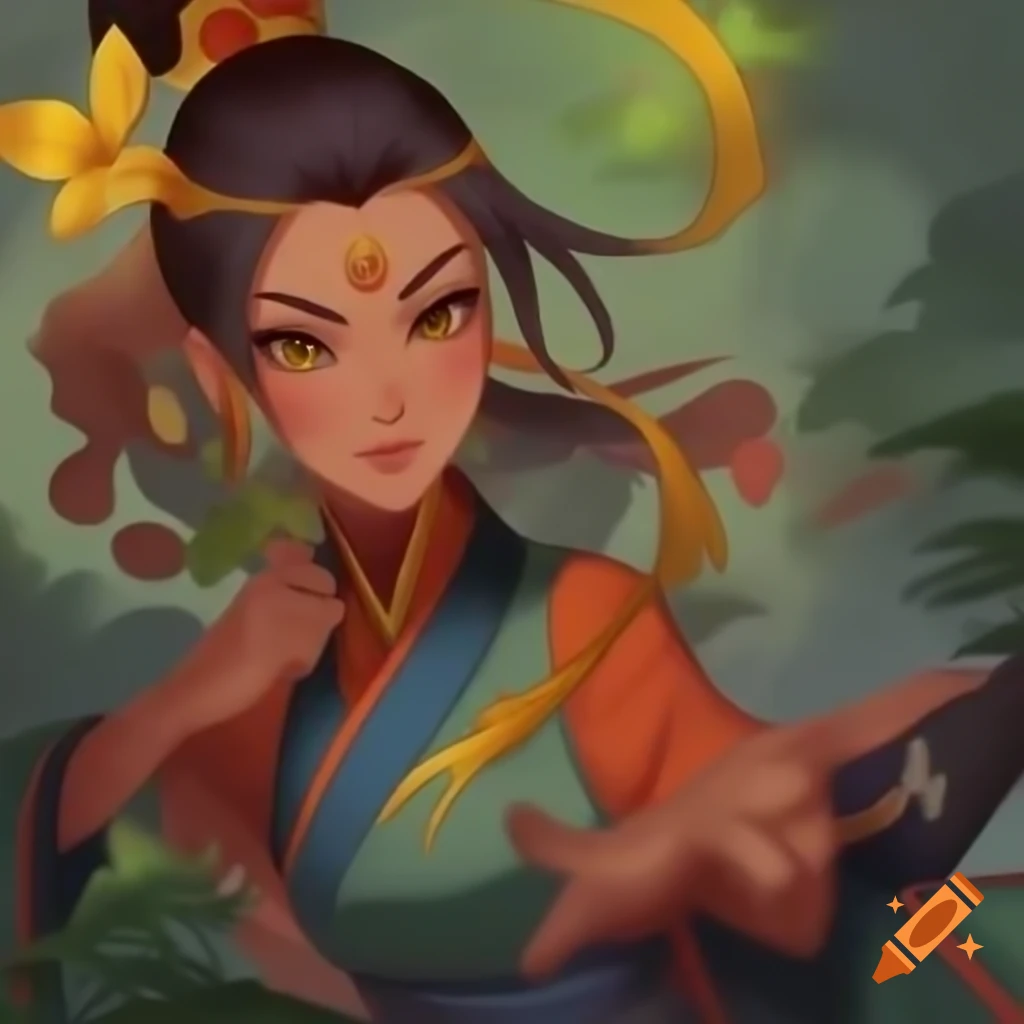 Character with a sly smile holding a weapon, with a large dragon behind